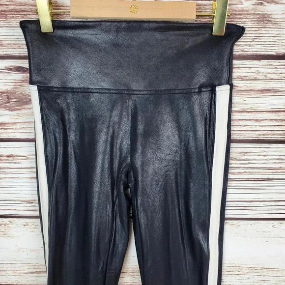 Spanx Size Small Faux Leather Side Stripe Leggings Black w/ White Stripe - Picture 3 of 12